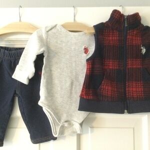 US Polo Assn Set: Soft Jean, Long Sleeve Onesie, and Sweater Vest (12 month)